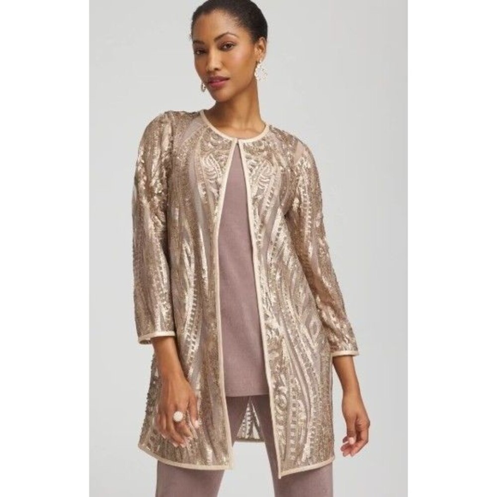 Chico's Travelers Champagne Sequin Jacket Size 1 Medium NWT Open Front Duster